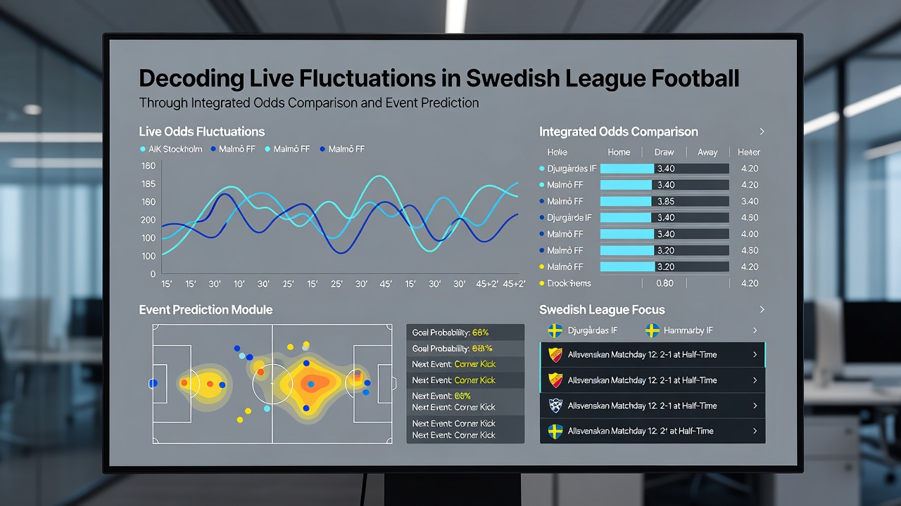 Analyst reviewing multiple live betting interfaces during a Swedish football broadcast
